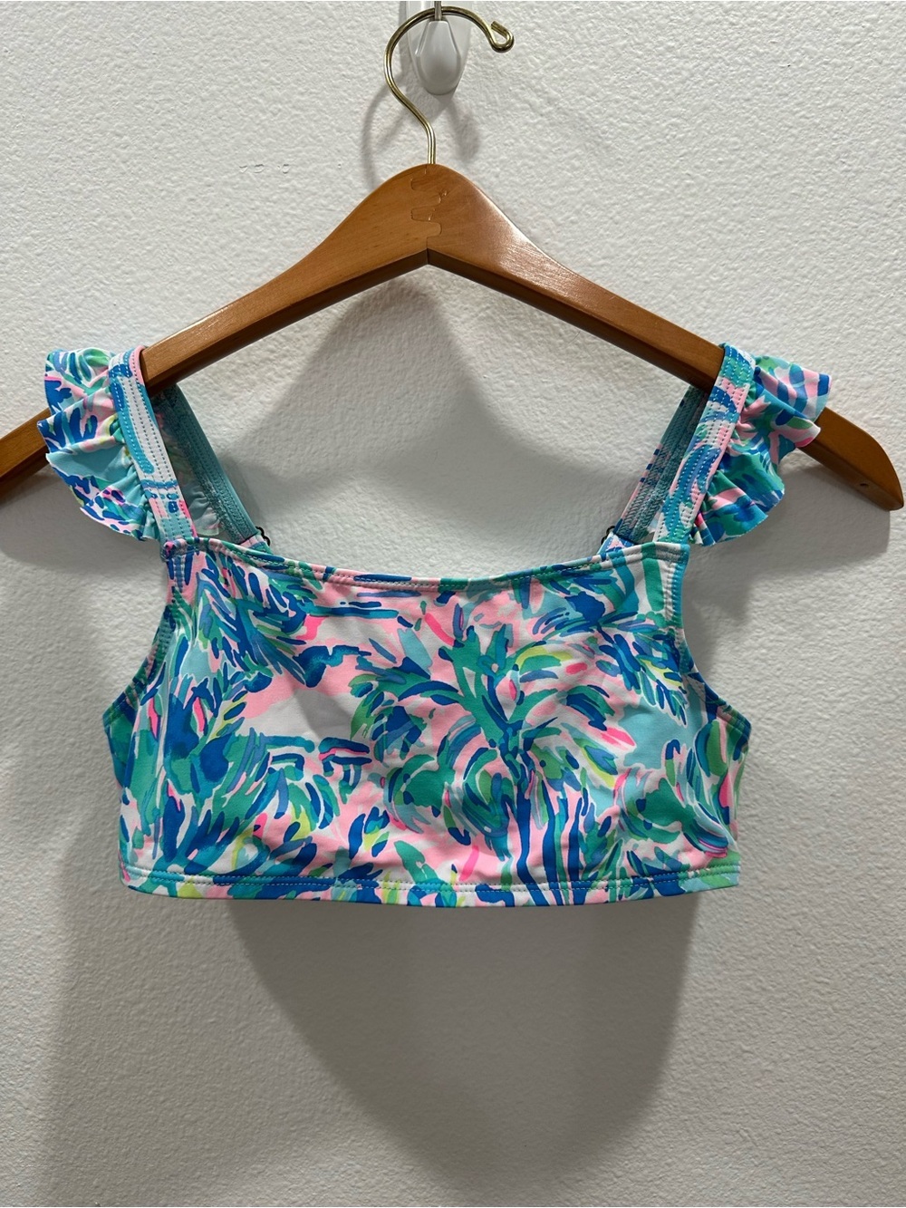 Lilly Pulitzer girls swim suit Tropical Print Ruffle Strap Crop Swim Top pink
